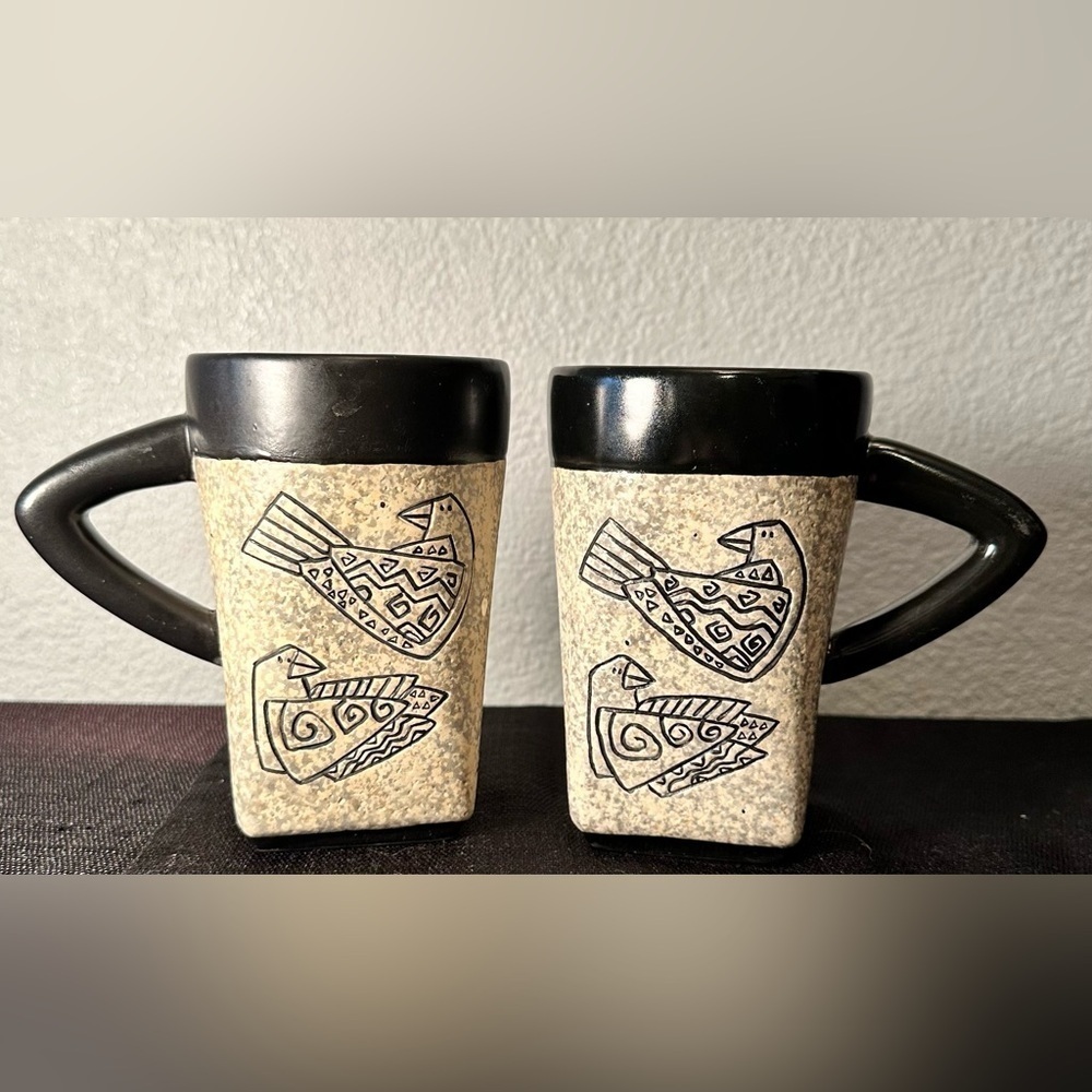 Two 5" Laurel Burch for Bella Casa Stoneware Coffee Tea Mug Birds - Signature